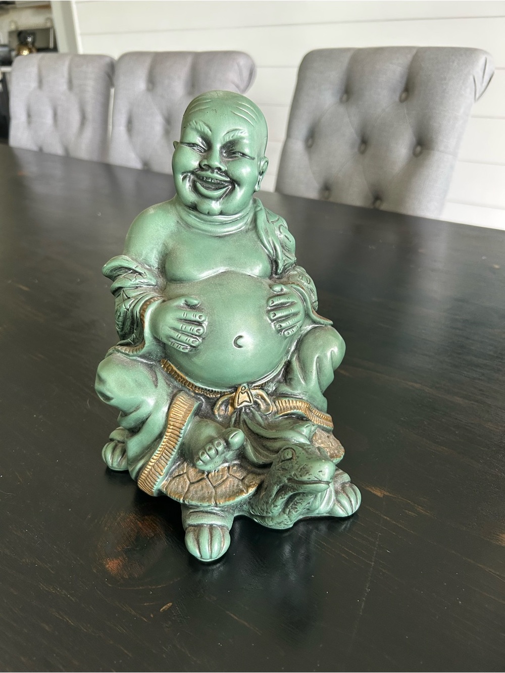 Antique Laughing Buddha Riding Turtle 1969 Universal Statuary Corp 9 1/2” x 7”